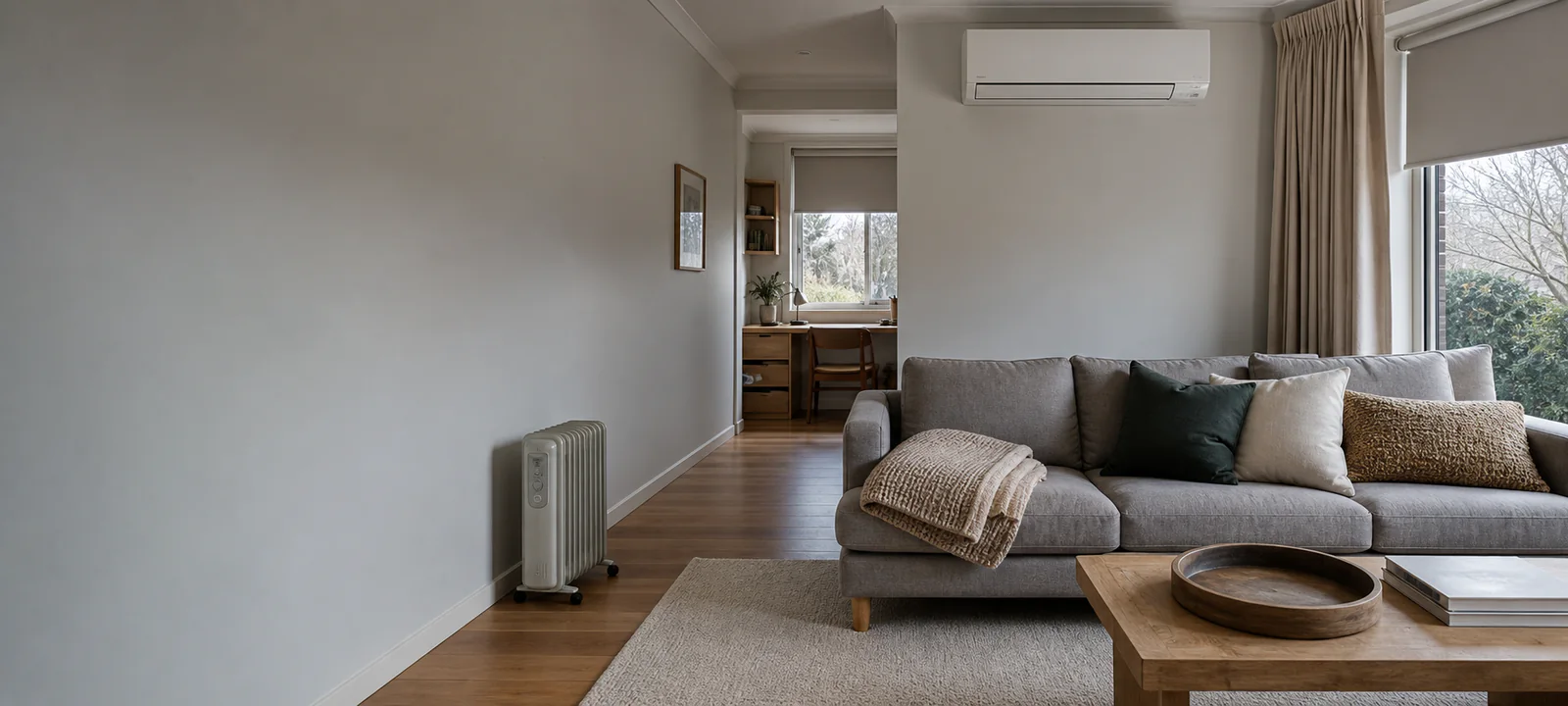 A winter living room with a reverse-cycle air conditioner, an oil column heater and a folded heated throw