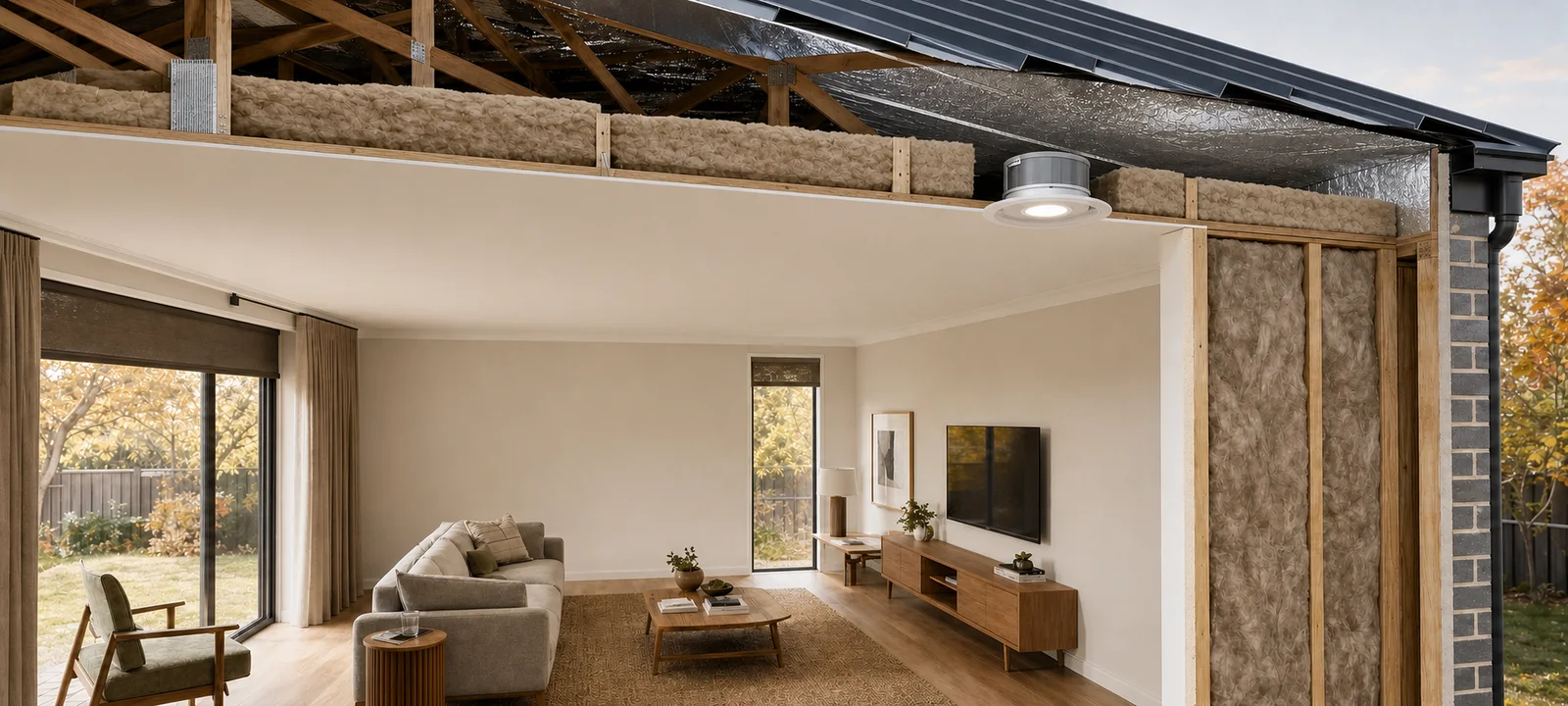 A cutaway of an Australian home showing insulation in the ceiling, roof and external wall