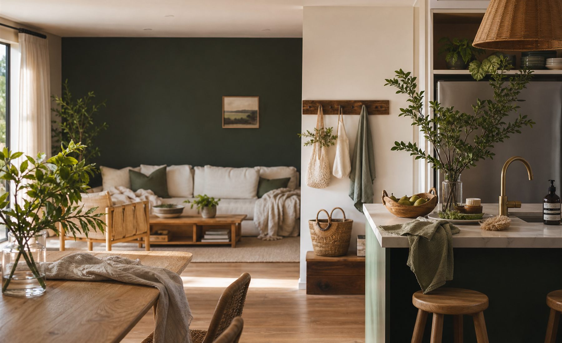 A warm Australian home interior with timber furniture, greenery, kitchen and living spaces