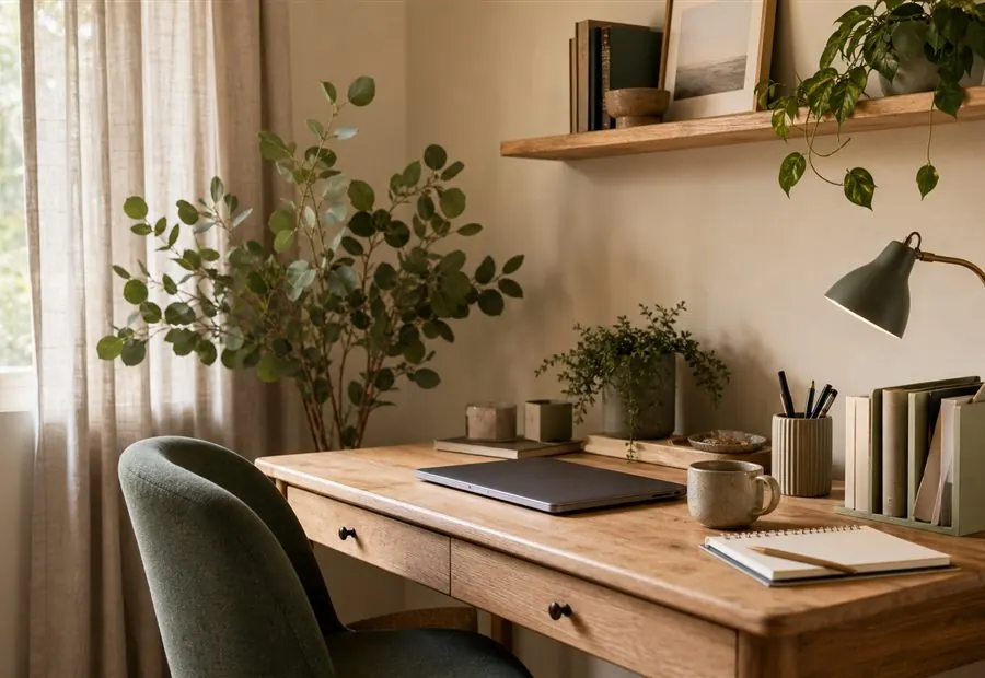 A compact home office setup with a tidy desk, warm light and practical storage.