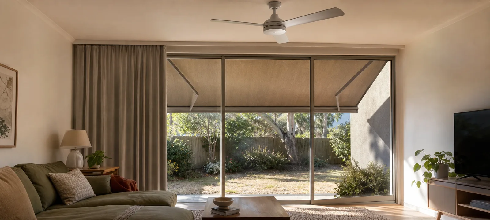 A shaded Australian living room with an exterior window awning, partly drawn curtains and a ceiling fan on a hot summer afternoon