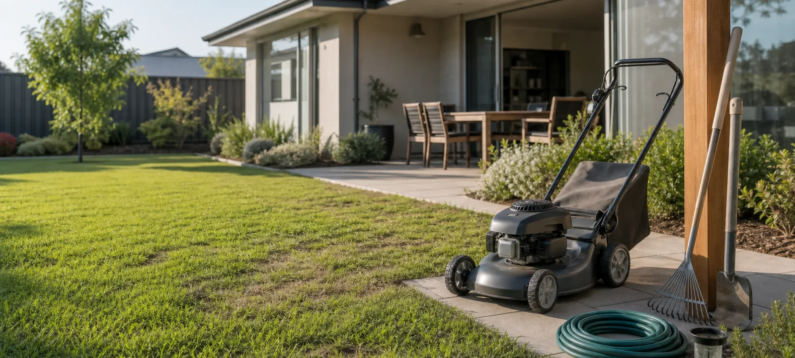 An Australian backyard lawn with a safely parked mower, garden tools, hose reel and a small area of thinner grass