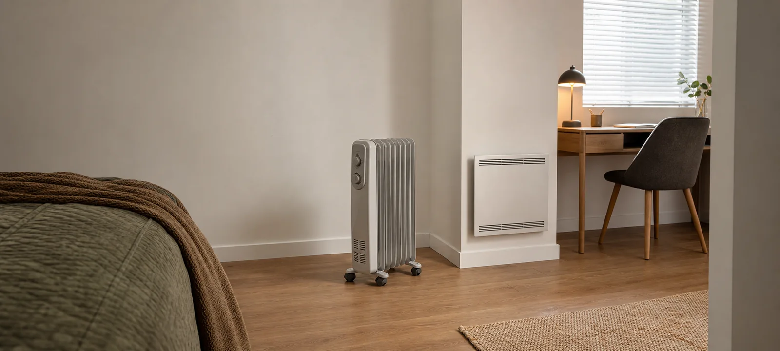An oil column heater and a wall-mounted panel heater positioned safely in adjoining bedroom and study areas