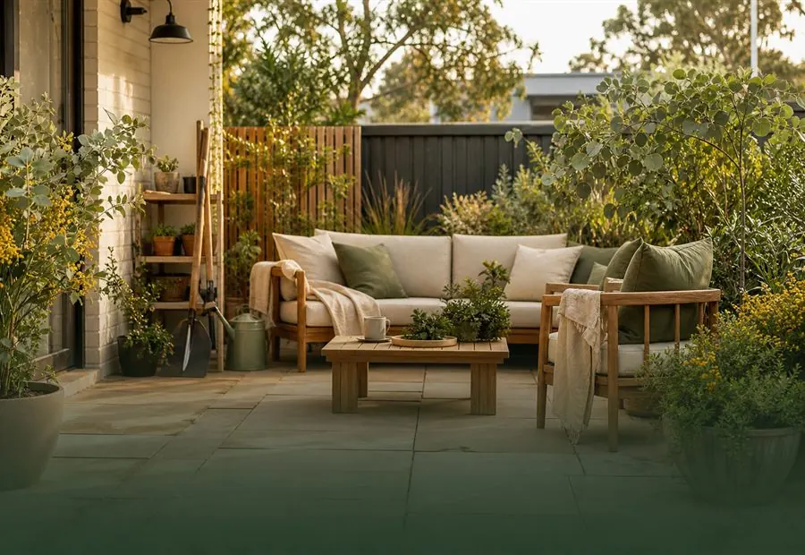 A warm Australian patio garden with outdoor seating, greenery and practical storage.