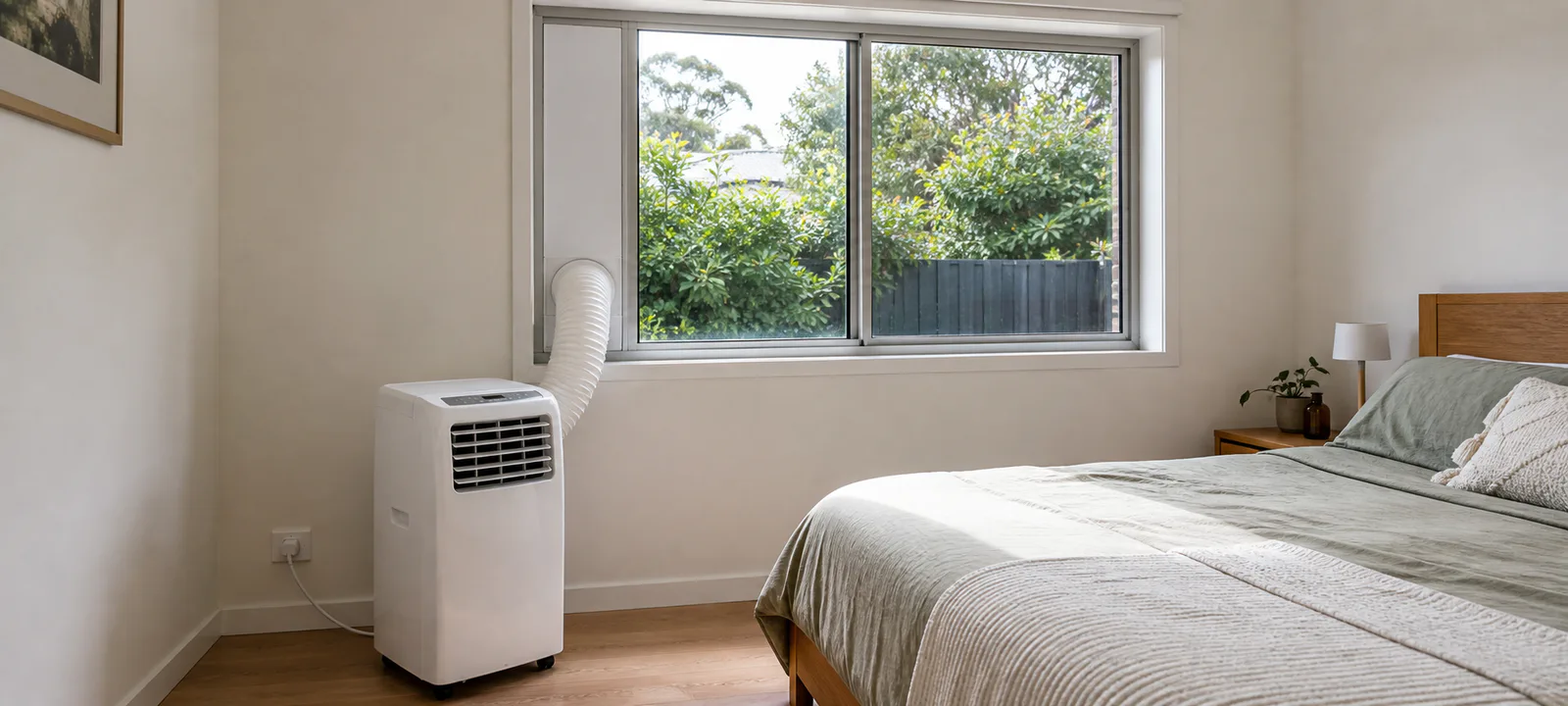A portable refrigerated air conditioner beside an Australian bedroom window with a short exhaust hose connected to a fitted window panel