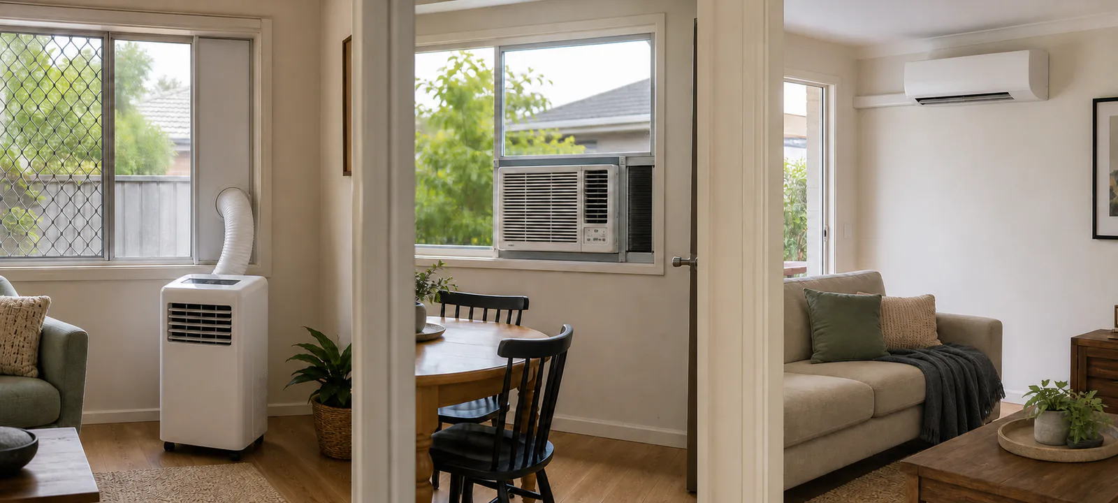 Three Australian rooms showing a portable air conditioner vented through a window, a window-mounted unit and a high-wall split system