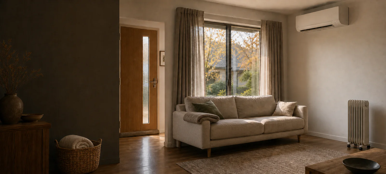An Australian living room prepared for winter with curtains, a door seal, reverse-cycle air conditioning and stored winter heating items