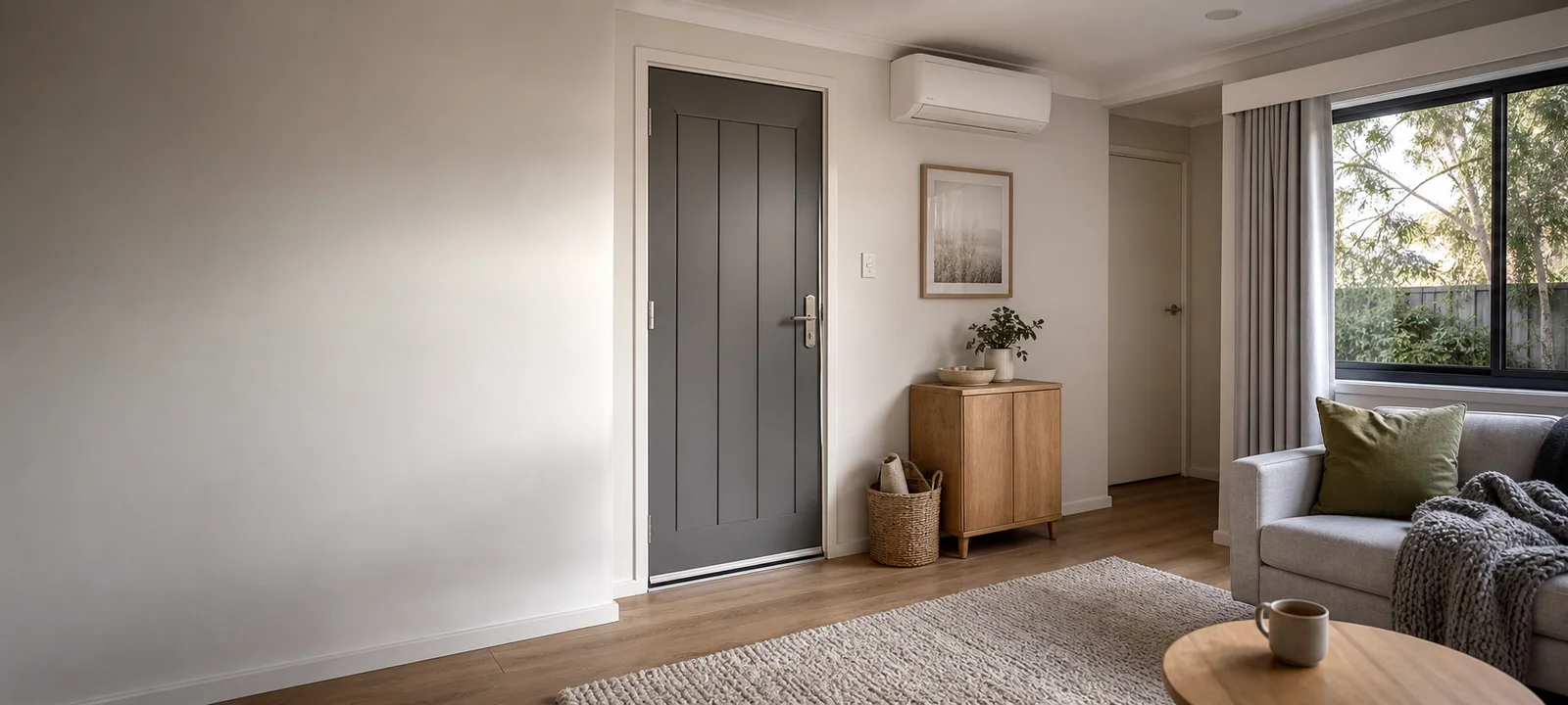 An Australian living room with a sealed external door, fitted curtains and closed internal doors to reduce winter draughts