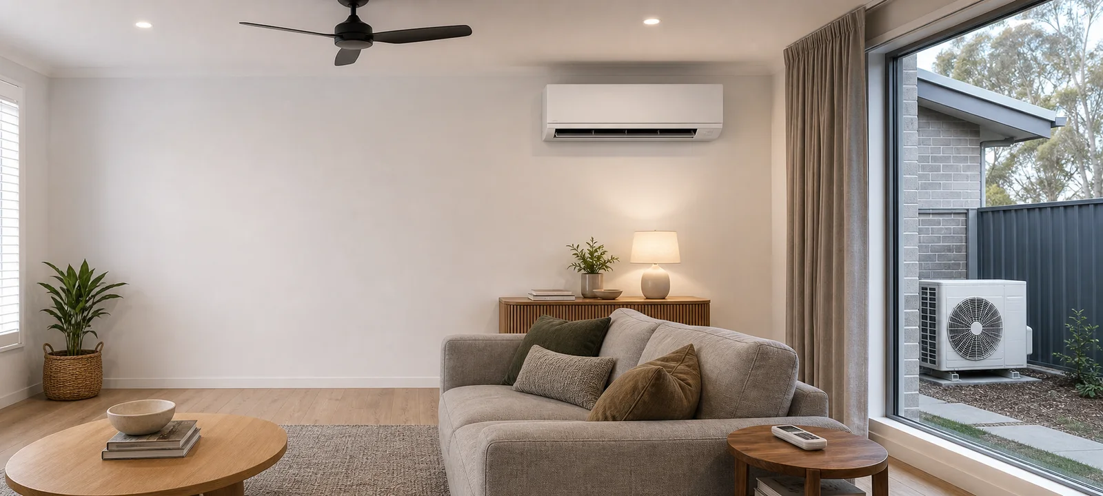 A contemporary Australian living room with reverse-cycle air conditioning, a ceiling fan and the outdoor unit visible beside the home