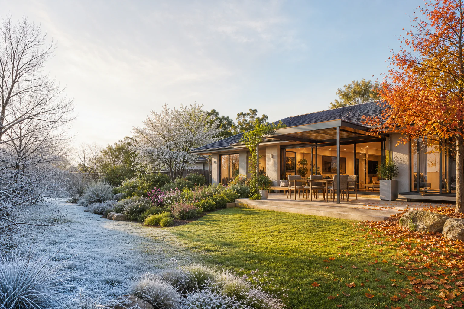 A contemporary Australian home and garden transitioning naturally through winter, spring, summer and autumn