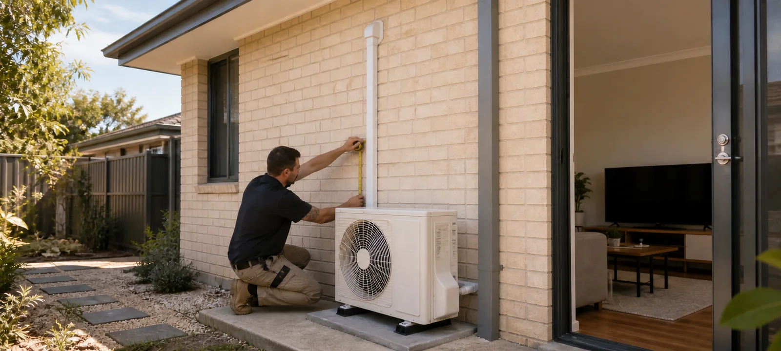 An installer measuring the short pipe route beside a split-system outdoor unit at an Australian brick home