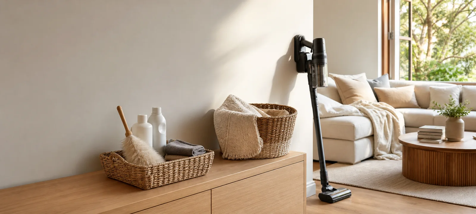 A bright Australian living area prepared for spring cleaning with a vacuum, cleaning caddy, cloths and sorting basket
