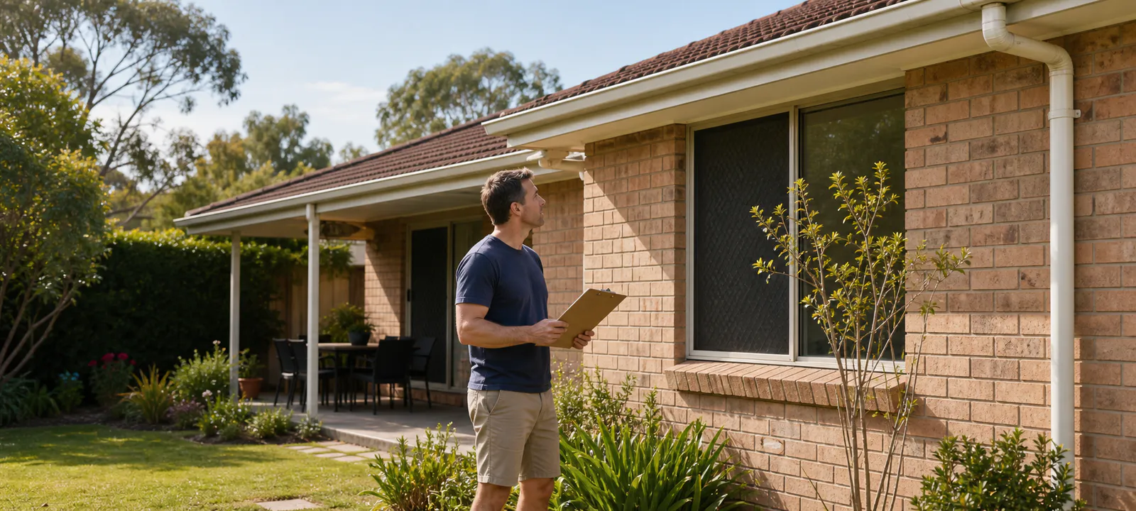 An Australian homeowner inspecting gutters, windows and flyscreens from ground level on a mild spring morning
