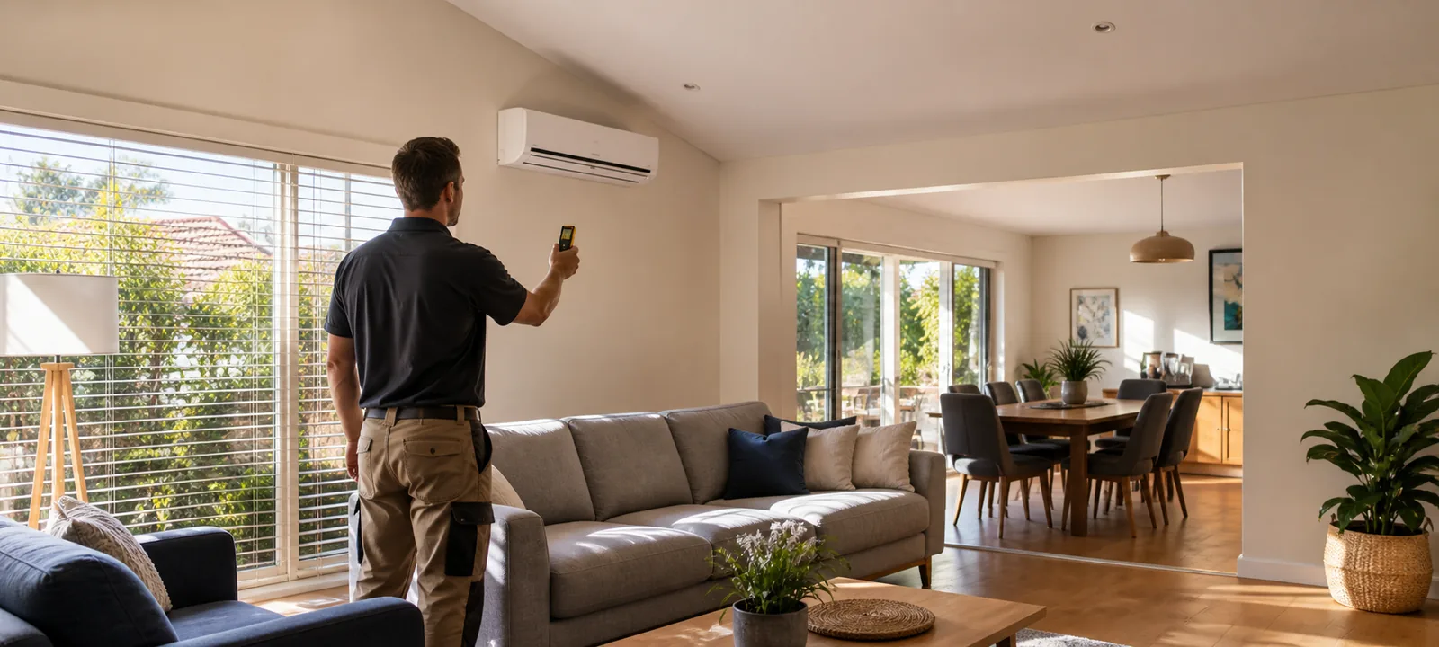 An air-conditioning installer measuring a sunlit open-plan Australian living and dining area before recommending a system